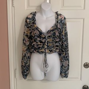 Blue B Collection Black Floral Long Sleeve Off the Shoulder Chiffon Blouse crop